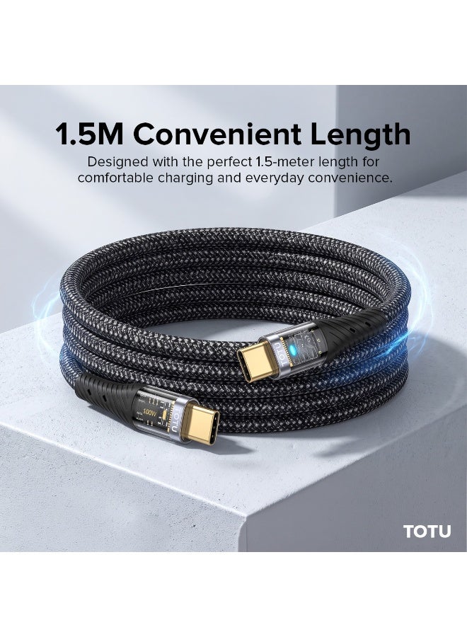 Totu 100W USB-C to USB-C Fast Charging Cable (1.5m, Black) - High-Density Braided Data & Sync Cord with LED Indicator & Gold-Plated Connectors - Black - Image 3
