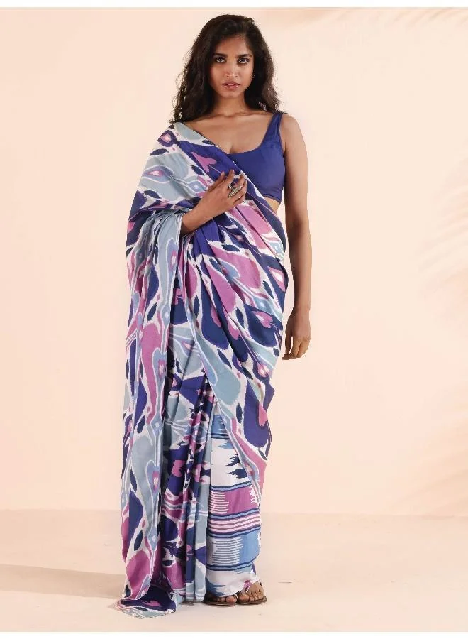 trueBrowns trueBrowns Blue Purple Muslin Ikat Saree
