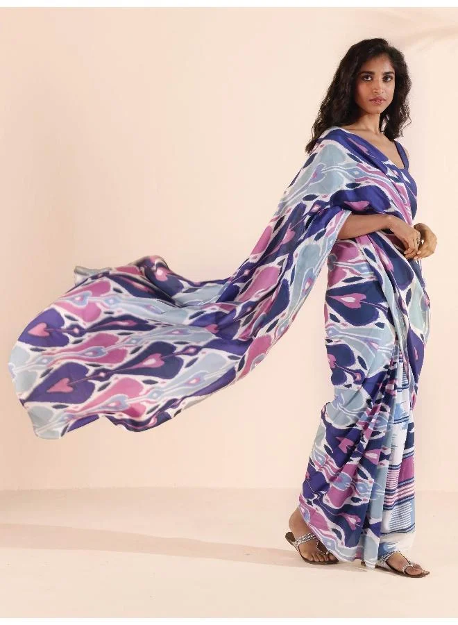 trueBrowns trueBrowns Blue Purple Muslin Ikat Saree