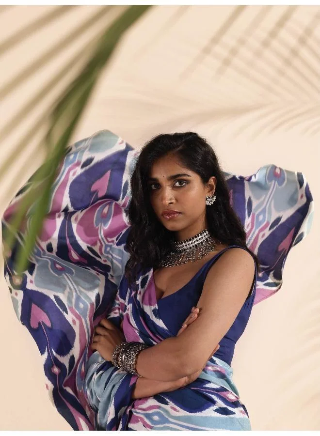 trueBrowns trueBrowns Blue Purple Muslin Ikat Saree