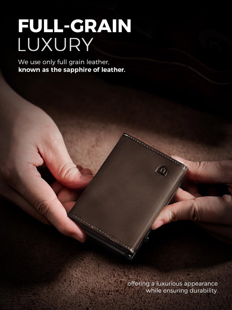 LORZOR Wallet for Men with Metal Card Holder, Pop Up Wallet, Finest Full Grain Leather Trifold Wallet, Smart, Minimalist, RFID Blocking, Front Pocket, ID Window, Brown/Grey - Image 2
