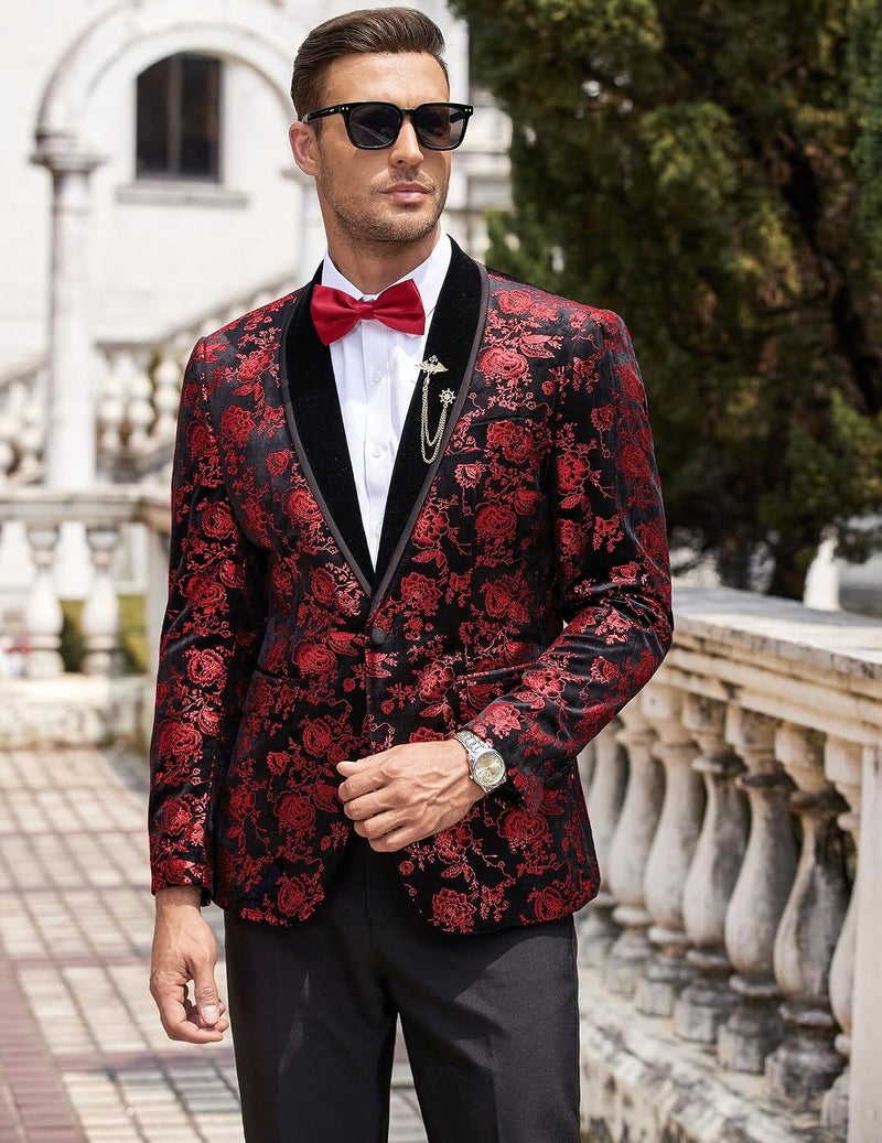 COOFANDY Men's Floral Tuxedo Jacket Velvet Blazer with Shawl Lapel for Weddings and Parties - Red, 3XL - Image 4