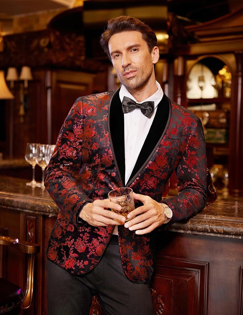 COOFANDY Men's Floral Tuxedo Jacket Velvet Blazer with Shawl Lapel for Weddings and Parties - Red, 3XL - Image 3