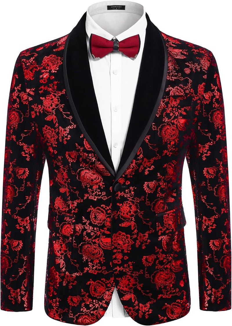 COOFANDY Men's Floral Tuxedo Jacket Velvet Blazer with Shawl Lapel for Weddings and Parties - Red, 3XL - Image 1