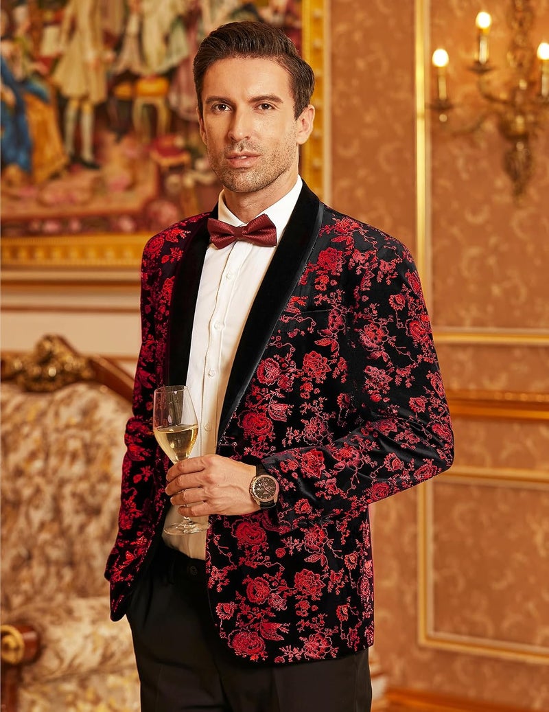 COOFANDY Men's Floral Tuxedo Jacket Velvet Blazer with Shawl Lapel for Weddings and Parties - Red, 3XL - Image 2