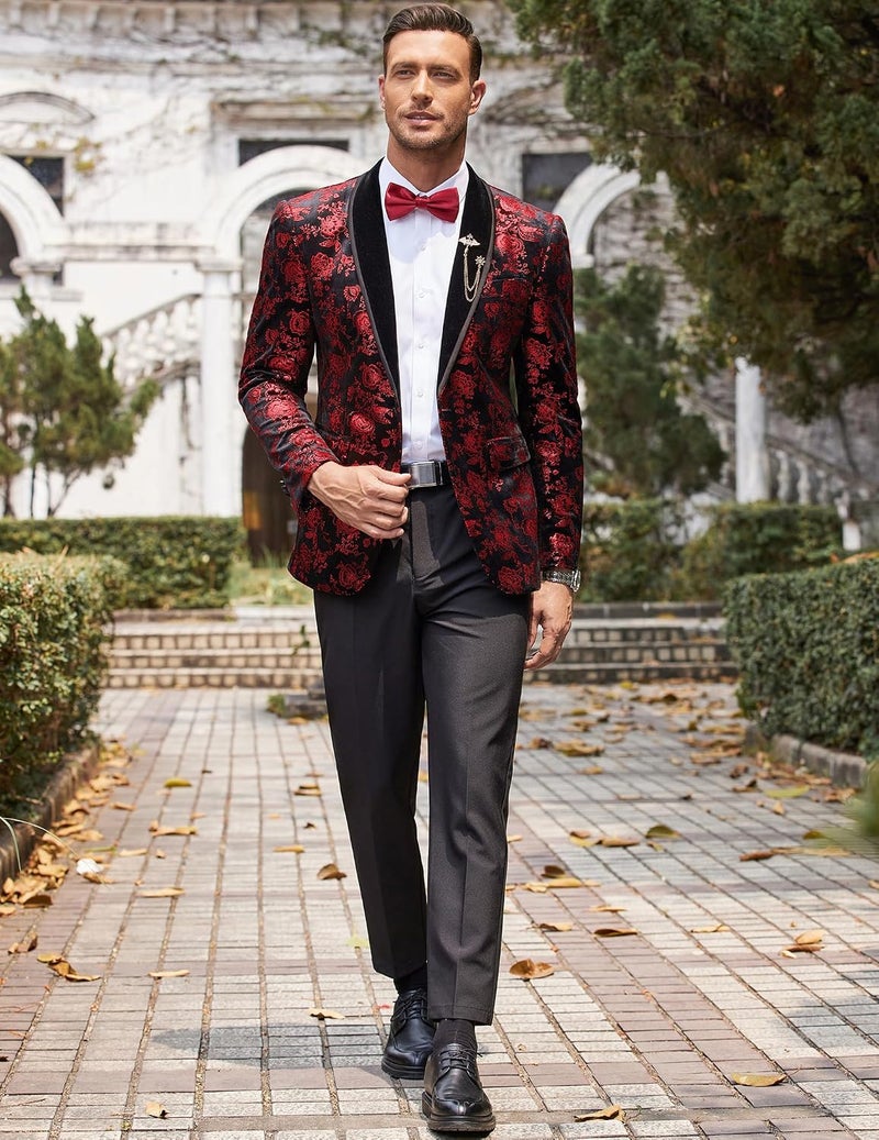 COOFANDY Men's Floral Tuxedo Jacket Velvet Blazer with Shawl Lapel for Weddings and Parties - Red, 3XL - Image 5
