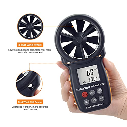 BTMETER BT-100APP Anemometer w/Wireless Bluetooth, Digital Handheld Wind Speed Meter for Wind Chill, Air Velocity, Temperature, Vane Anemometer Gauge - Image 4