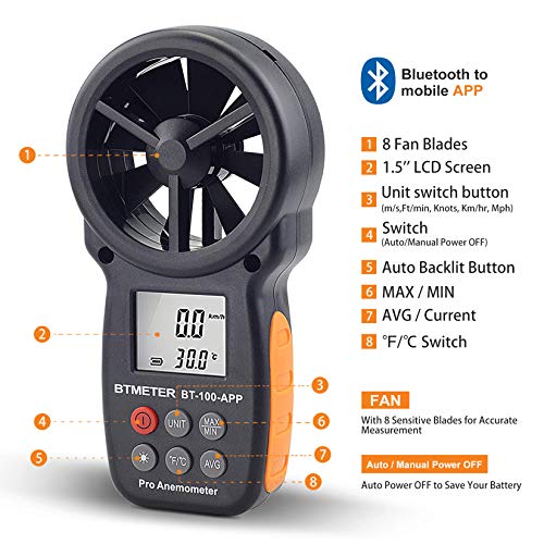 BTMETER BT-100APP Anemometer w/Wireless Bluetooth, Digital Handheld Wind Speed Meter for Wind Chill, Air Velocity, Temperature, Vane Anemometer Gauge - Image 5