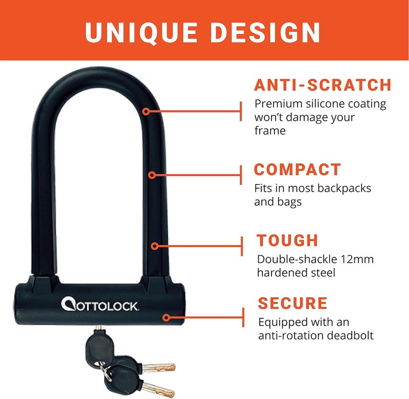 OTTOLOCK Sidekick Compact U-Lock - Heavy Duty Anti Theft Bicycle U-Lock with Keys, Silicone-Coated, Bike Accessories, Black - Image 4