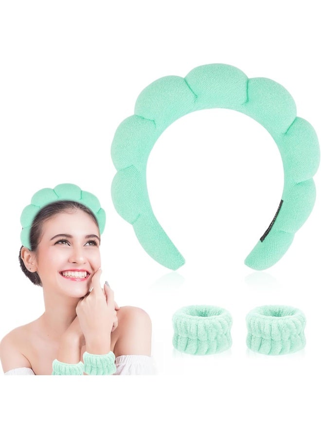 Premify Spa Sponge Headbands & 2 Wristbands Set For Women & Girls, Makeup Removal Headband & Terry Towel Cloth Fabric Hair Band For Washing Face, Skincare (Green) - Image 1
