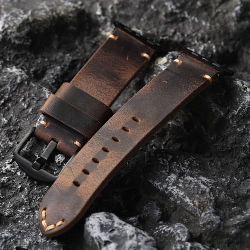 KONAFEI Band Compatible with Apple Watch Ultra 21 49mm 46mm 45mm 44mm 42mm 41mm 40mm 38mm Series 1098SE765432 Vintage Leather iWatch Strap for Men Women 42444549mm BrownBlack HardwareNO LOGO - Image 3