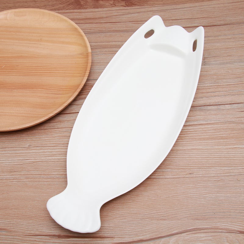 1PC Ceramic Tableware Plate Fish Shaped Storage Dish Steak Pan for Restaurant Home Dinner (14inch, White) - Image 1