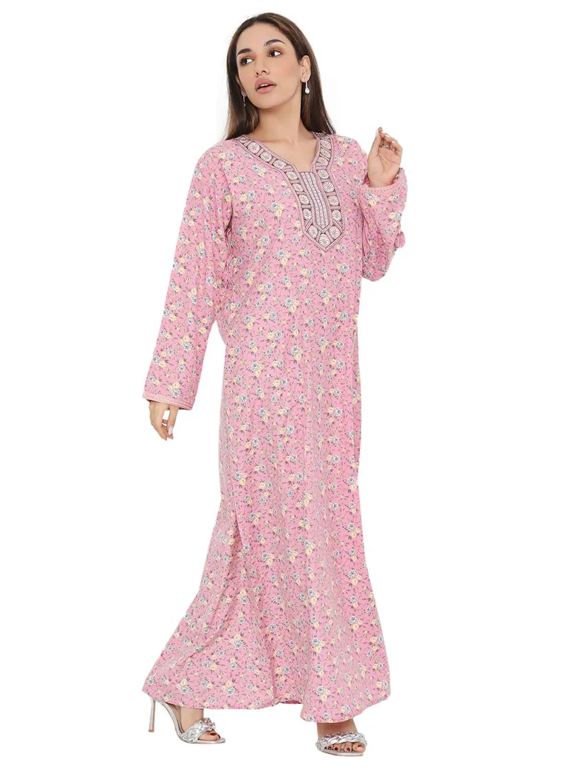 هانا آند سارا UNIQUE NECK THREAD EMBROIDERED LONG FLORAL PRINTED VISCOSE ARABIC KAFTAN JALABIYA DRESS