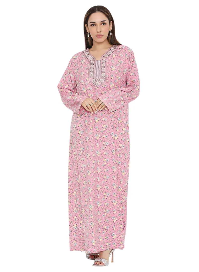 هانا آند سارا UNIQUE NECK THREAD EMBROIDERED LONG FLORAL PRINTED VISCOSE ARABIC KAFTAN JALABIYA DRESS
