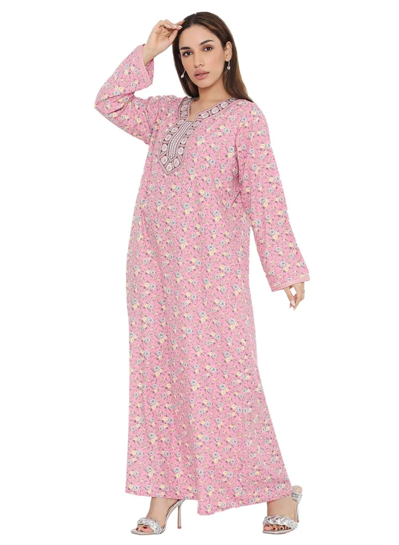 هانا آند سارا UNIQUE NECK THREAD EMBROIDERED LONG FLORAL PRINTED VISCOSE ARABIC KAFTAN JALABIYA DRESS