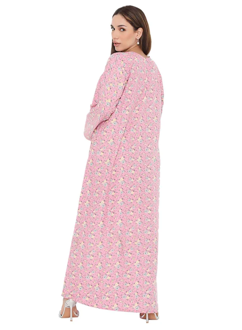 هانا آند سارا UNIQUE NECK THREAD EMBROIDERED LONG FLORAL PRINTED VISCOSE ARABIC KAFTAN JALABIYA DRESS
