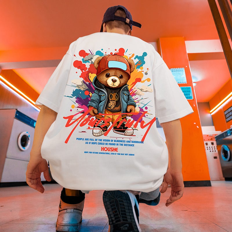 American Street Fashion Graffiti Patch Paint Bear Short-Sleeved Men'S Ins Loose Fashionable Brand Plus Size Plus Size Plus Size Half-Sleeved T-Shirt - Image 5