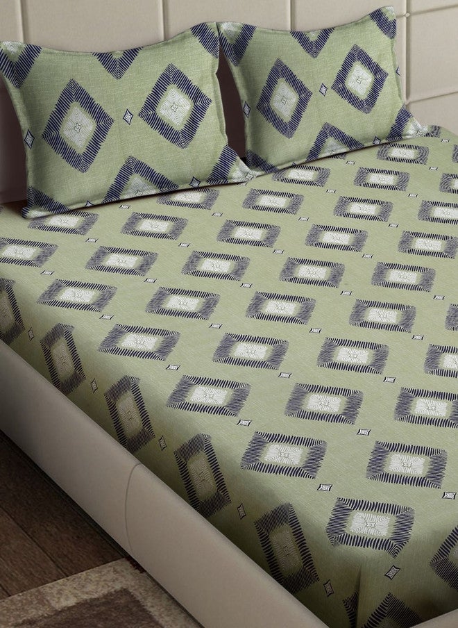 Arrabi Olive Geometric Polycotton 300 TC Fitted King Fine Bedsheet with 2 Pillow Covers - Image 3