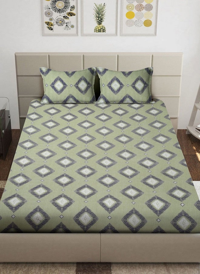 Arrabi Olive Geometric Polycotton 300 TC Fitted King Fine Bedsheet with 2 Pillow Covers - Image 2