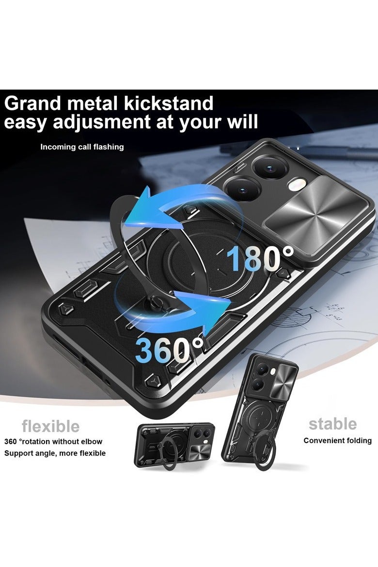 SanHu for Xiaomi POCO X7 Pro 5G Case, Slide Camera Lens Cover, Magnetic Ring Holder Kickstand Protective Phone Case for Xiaomi POCO X7 Pro 5G, Black - Image 4