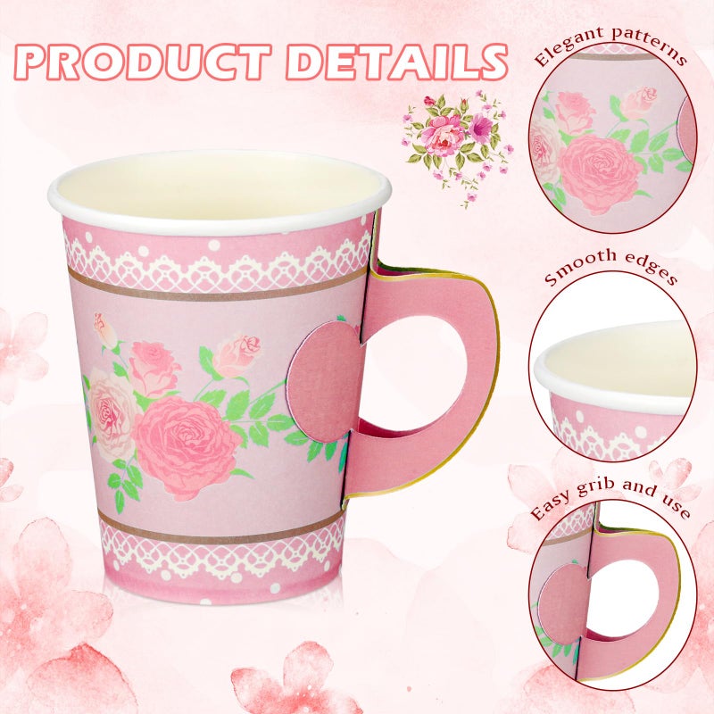 FillTouch 100 Sets Floral Paper Tea Cups and Saucers Disposable Paper Tea Party Supplies 9 oz Cups with Handle and Saucer for Birthday Wedding Party Decorations (Classic Style) - Image 4