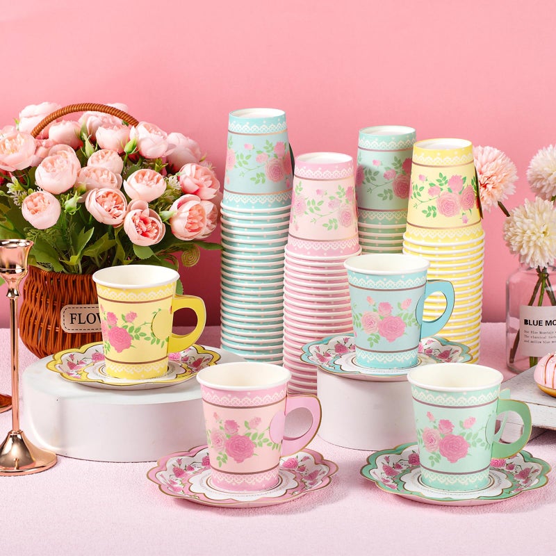 FillTouch 100 Sets Floral Paper Tea Cups and Saucers Disposable Paper Tea Party Supplies 9 oz Cups with Handle and Saucer for Birthday Wedding Party Decorations (Classic Style) - Image 3