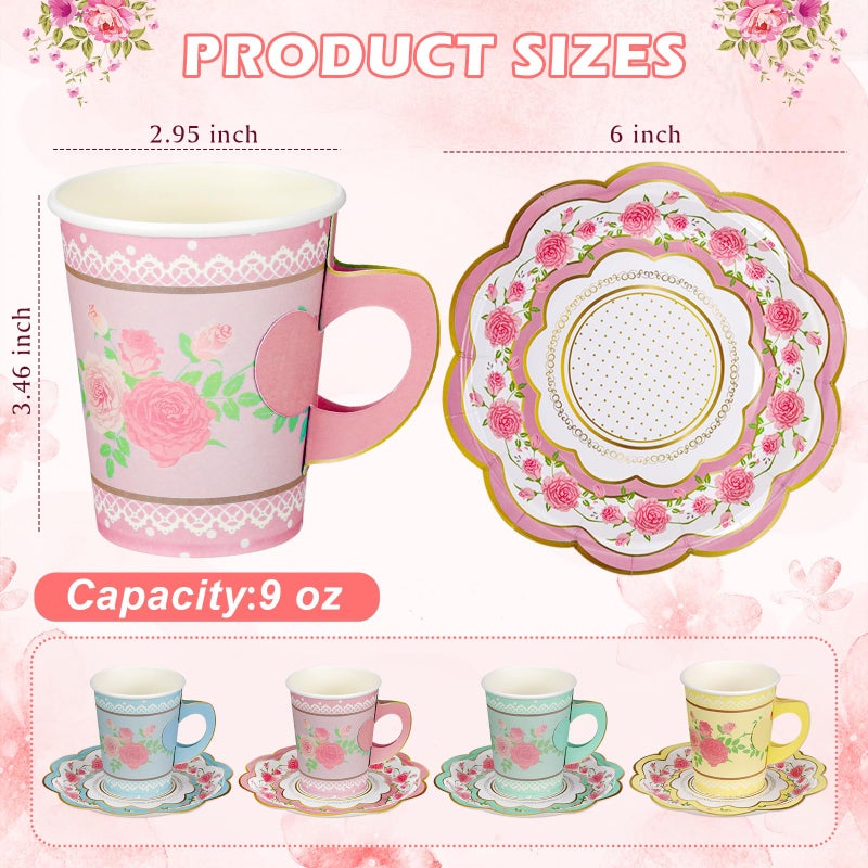 FillTouch 100 Sets Floral Paper Tea Cups and Saucers Disposable Paper Tea Party Supplies 9 oz Cups with Handle and Saucer for Birthday Wedding Party Decorations (Classic Style) - Image 2