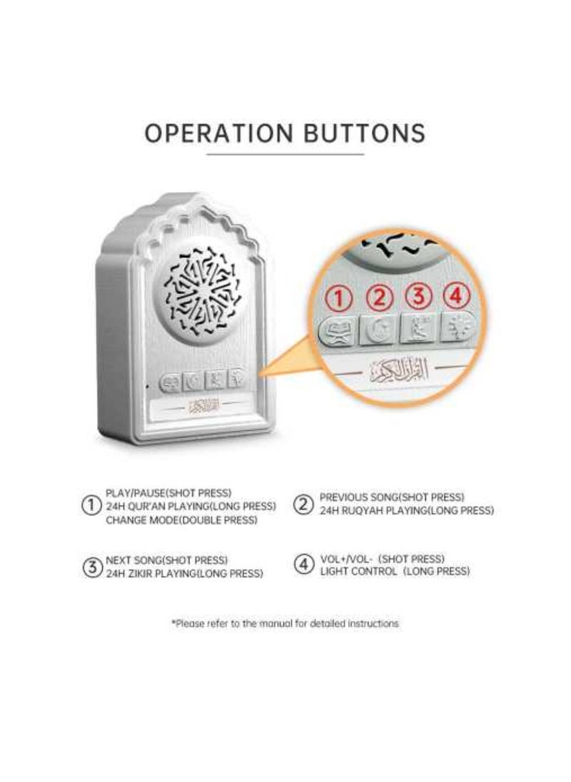 TIGER QB812 Holy Wall Speaker Bluetooth Al-Quran Light Speaker SQ669 Wireless Speaker With Night Light Quran Speaker Quran Wall Speaker 24-Hours Loop Play Back Quran Content Ruqyah ZIKIR Dua For Disease 3-Pin Wall Plug White - Image 4