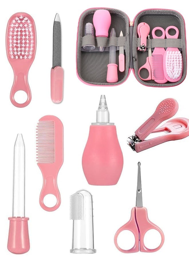 Baby Grooming Kit, 8 in 1 with Brush, Comb, Nail Clipper and File, Nasal Cleaner, Finger Toothbrush, Scissors, Portable Newborn Essentials Set Pink - Image 1