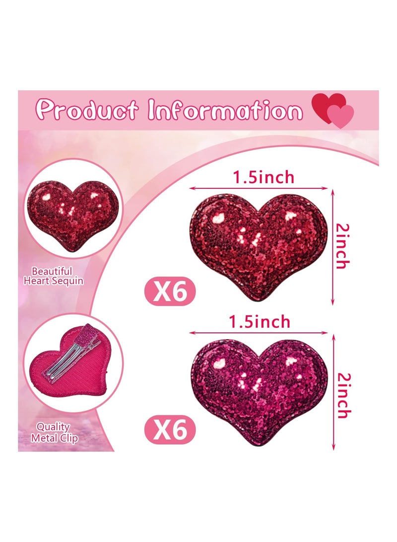 SOLARAE Valentines Heart Hair Clips, 12 Pieces Heart Glitter Sequin Heart Hairpins Heart Shape Barrettes for Girls Birthday Party Wedding Hair Accessories (Red, Rose) - Image 2