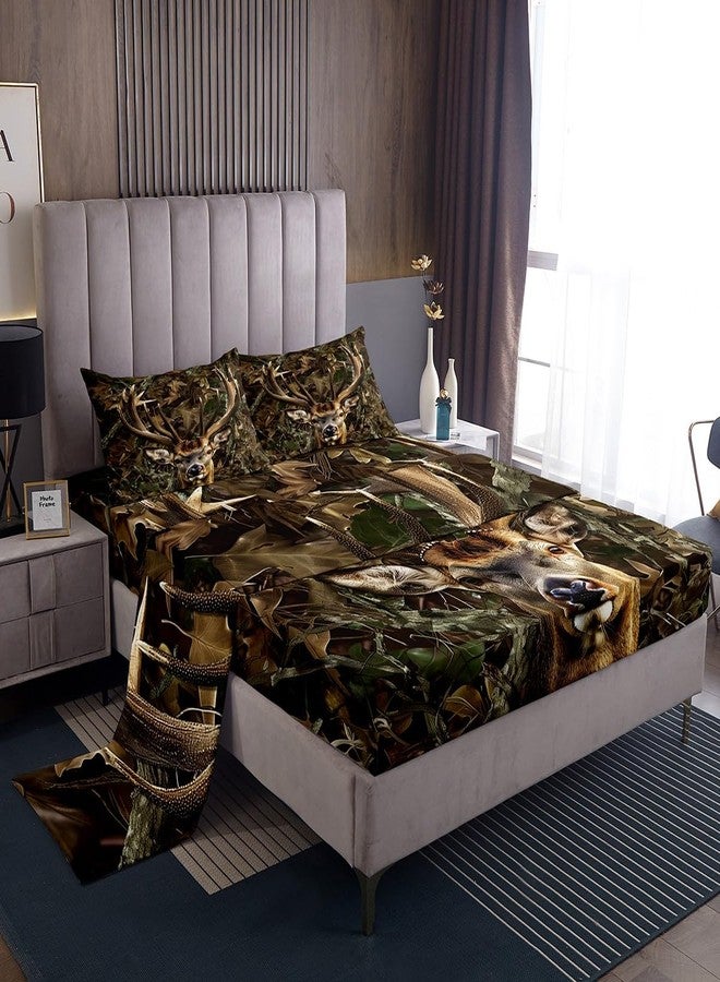 Man Fei Camo Deer Kids Sheet Twin Size,Dead Branches Wild Animals Hunting Bedding Set,Boys Girls Adults Room Decor,Rustic Farmhouse Camouflage Brown Retro Bed Sheet Set 3pcs(Fitted + Flat + 1 Pillowcase) - Image 3