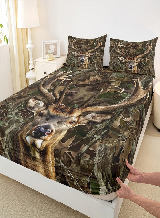 Man Fei Camo Deer Kids Sheet Twin Size,Dead Branches Wild Animals Hunting Bedding Set,Boys Girls Adults Room Decor,Rustic Farmhouse Camouflage Brown Retro Bed Sheet Set 3pcs(Fitted + Flat + 1 Pillowcase) - Image 4