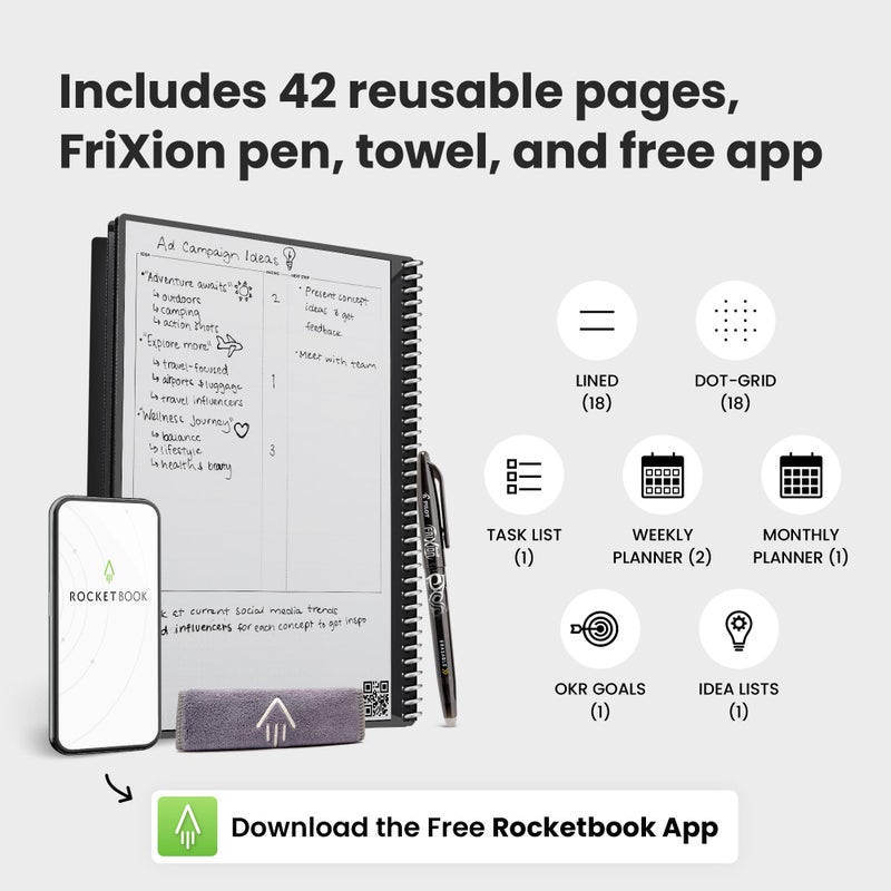 Rocketbook Fusion Reusable Undated Productivity Planner, Letter Size 8.5x11, Gray - Goals, Monthly and Weekly Calendar, Daily To-do List, Lined and Dotted Notes Pages - Image 4