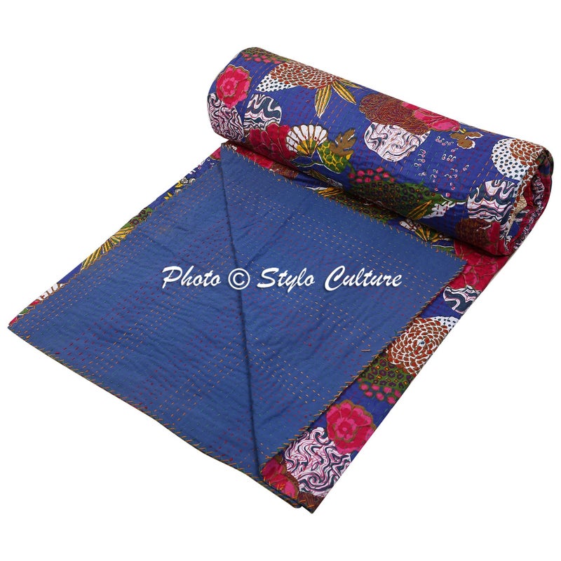 Stylo Culture Bedspread Double Bed Hand Stitch Kantha Bedding Printed Cotton Decor Tropical Bed Blue - Image 1