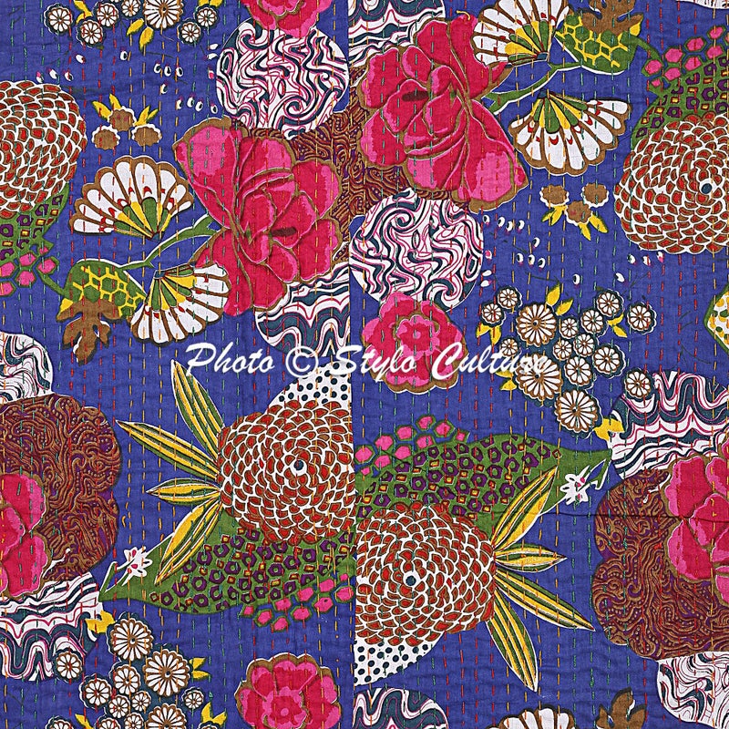 Stylo Culture Bedspread Double Bed Hand Stitch Kantha Bedding Printed Cotton Decor Tropical Bed Blue - Image 3