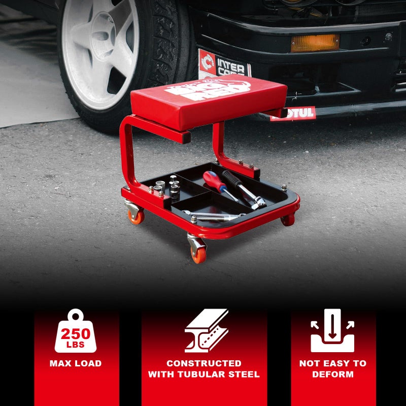 BIG RED Torin TR6300 Red Rolling Creeper Garage/Shop Seat: Padded Mechanic Stool with Tool Tray Large - Image 4