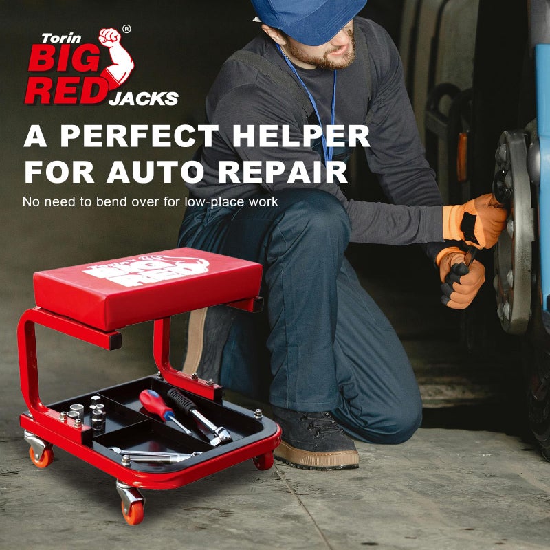 BIG RED Torin TR6300 Red Rolling Creeper Garage/Shop Seat: Padded Mechanic Stool with Tool Tray Large - Image 2