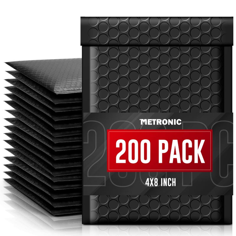 METRONIC Bubble Mailers 4x8 Inch 200 Pack Padded Envelopes Usable Size 4x7 Waterproof Black Padded Mailer Self Seal Adhesive Bubble Envelopes for Shipping Jewelry, Makeup, Small Business - Image 1