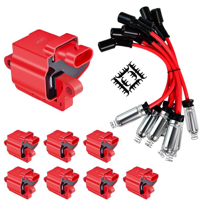 STZJAYE UF271 Ignition Coil 8mm Spark Plug Wire 12622553 8PCS Square Coils Compatible with Cadillac Escalade 20022006for Chevy Avalanche 1500 20022006for GMC Envoy XL 20032004for Express 1500