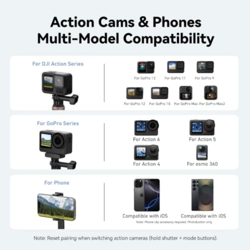 حامل ثلاثي للهاتف من Vlog Selfie Stick لـ DJI Osmo Action 6/5 Pro/4، Osmo 360، GoPro HERO13/12/11 حامل Vlog Selfie مع جهاز تحكم عن بعد ومشبك هاتف لهاتف iPhone Android - Image 3
