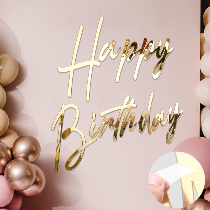 Yousoontic Happy Birthday Sign for Backdrop Large Happy Birthday Sticker Letter Acrylic Mirror Decal for Balloon Arch Party Sign Wall, Peel Off the Acrylic Film(23 x 20 Inches,Classic,Gold) - Image 1