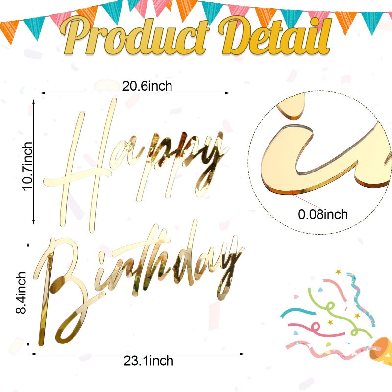 Yousoontic Happy Birthday Sign for Backdrop Large Happy Birthday Sticker Letter Acrylic Mirror Decal for Balloon Arch Party Sign Wall, Peel Off the Acrylic Film(23 x 20 Inches,Classic,Gold) - Image 2
