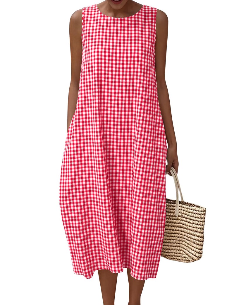 LOMON Dresses for Women Checkered Summer Sleeveless Long Dress Casual Cotton Maxi Sundresses with Pockets - Image 1