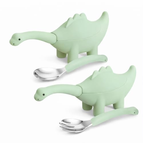 ONE AND ONLY Kids Spoon & Fork Set Green Stainless Steel Head and Soft Silicone Handle with Dino Case to Promote Self-Feeding in Toddlers - Image 1