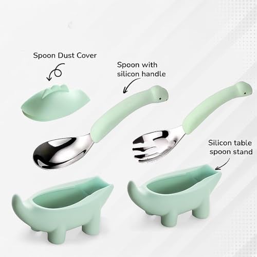 ONE AND ONLY Kids Spoon & Fork Set Green Stainless Steel Head and Soft Silicone Handle with Dino Case to Promote Self-Feeding in Toddlers - Image 2