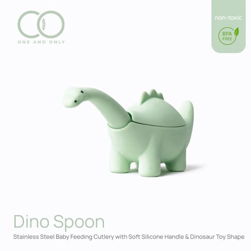 ONE AND ONLY Kids Spoon & Fork Set Green Stainless Steel Head and Soft Silicone Handle with Dino Case to Promote Self-Feeding in Toddlers - Image 3