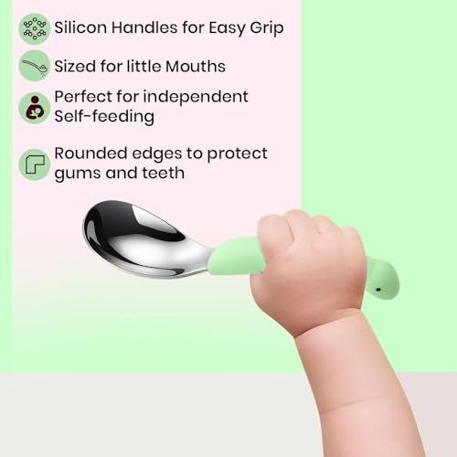ONE AND ONLY Kids Spoon & Fork Set Green Stainless Steel Head and Soft Silicone Handle with Dino Case to Promote Self-Feeding in Toddlers - Image 4