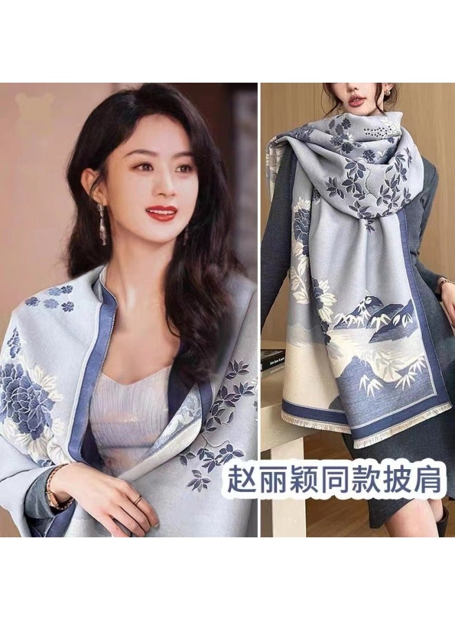 Scarf Women's Winter Ink Painting Scarf Shawl Outlined High-end Cashmere Lady Knitted Warm Air-conditioned Room