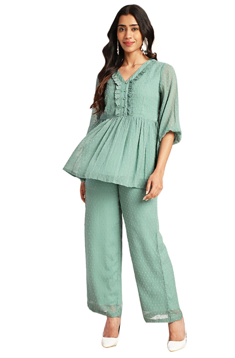 Janasya Women's Sage Dobby Chiffon Woven Design Peplum Co-ord Set (SET966-CO-ORD-J-XXL) - Image 1