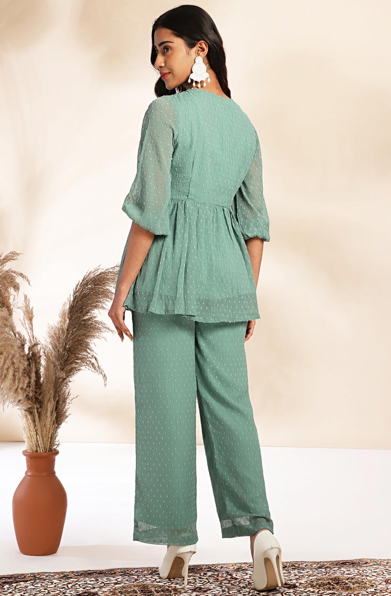 Janasya Women's Sage Dobby Chiffon Woven Design Peplum Co-ord Set (SET966-CO-ORD-J-XXL) - Image 4